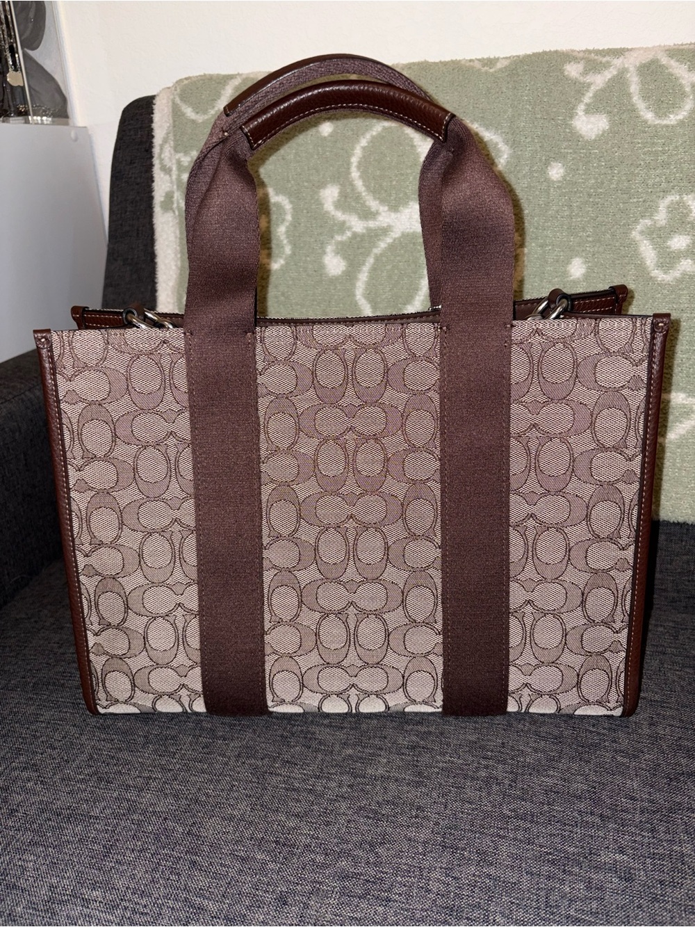 Coach Brown Signature Canvas Tote with Leather Trim - Picture 2 of 4